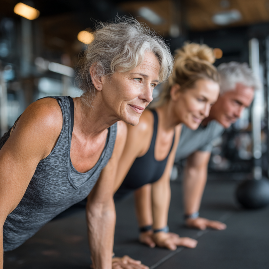 Літня жінка займається йогою