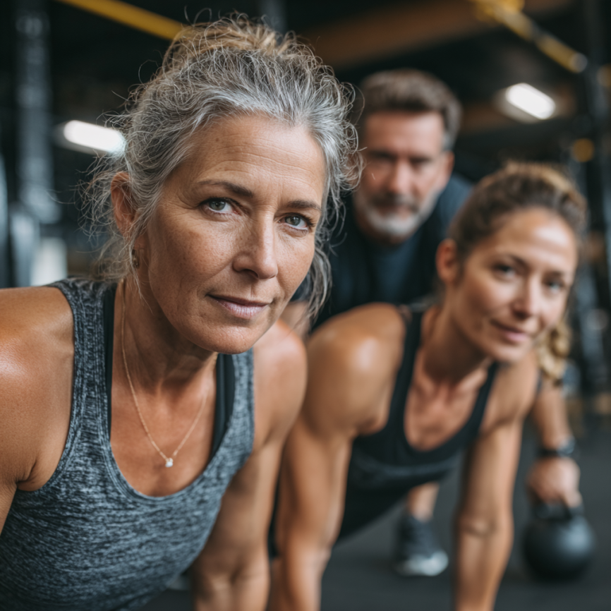 Група літніх людей займається фітнесом